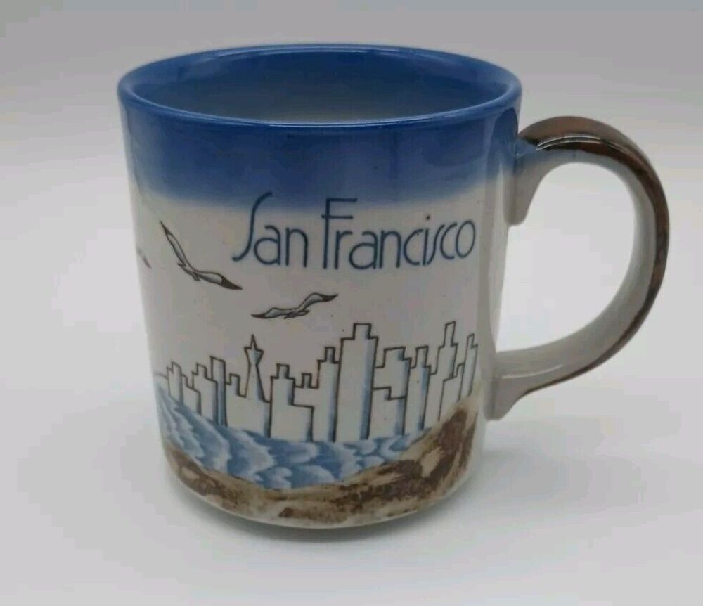 Vintage Otagiri Mug San Francisco Skyline Golden Gate Bridge Seagulls Beach